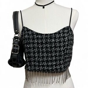 Black and white tweed crop tank top with sparkly rhinestones tassels Paris plaid